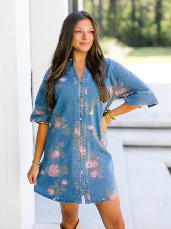 entro Dresses & Skirts - Entro Blue Denim Floral Mini Dress with Pink Flowers
